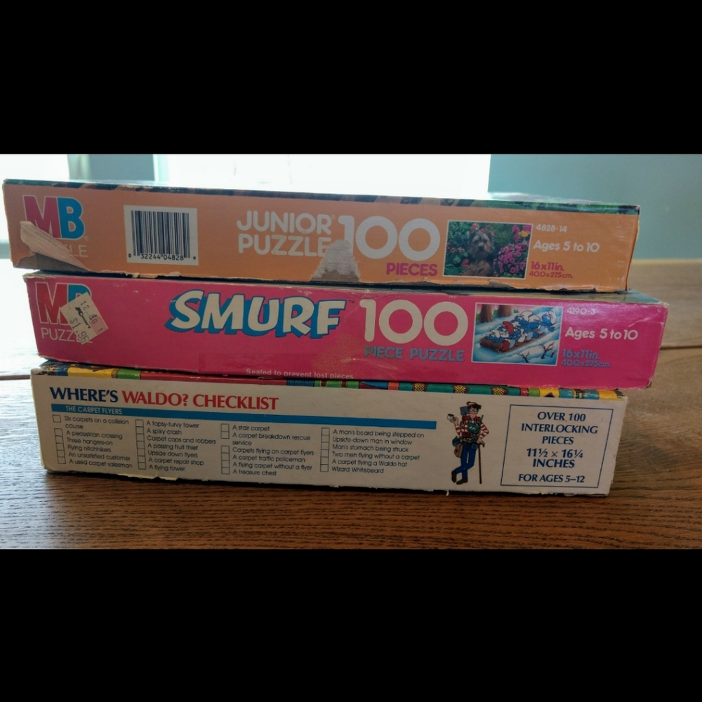 Bundle of 3 Vintage Kid Puzzles Smurfs, Waldo, Dog